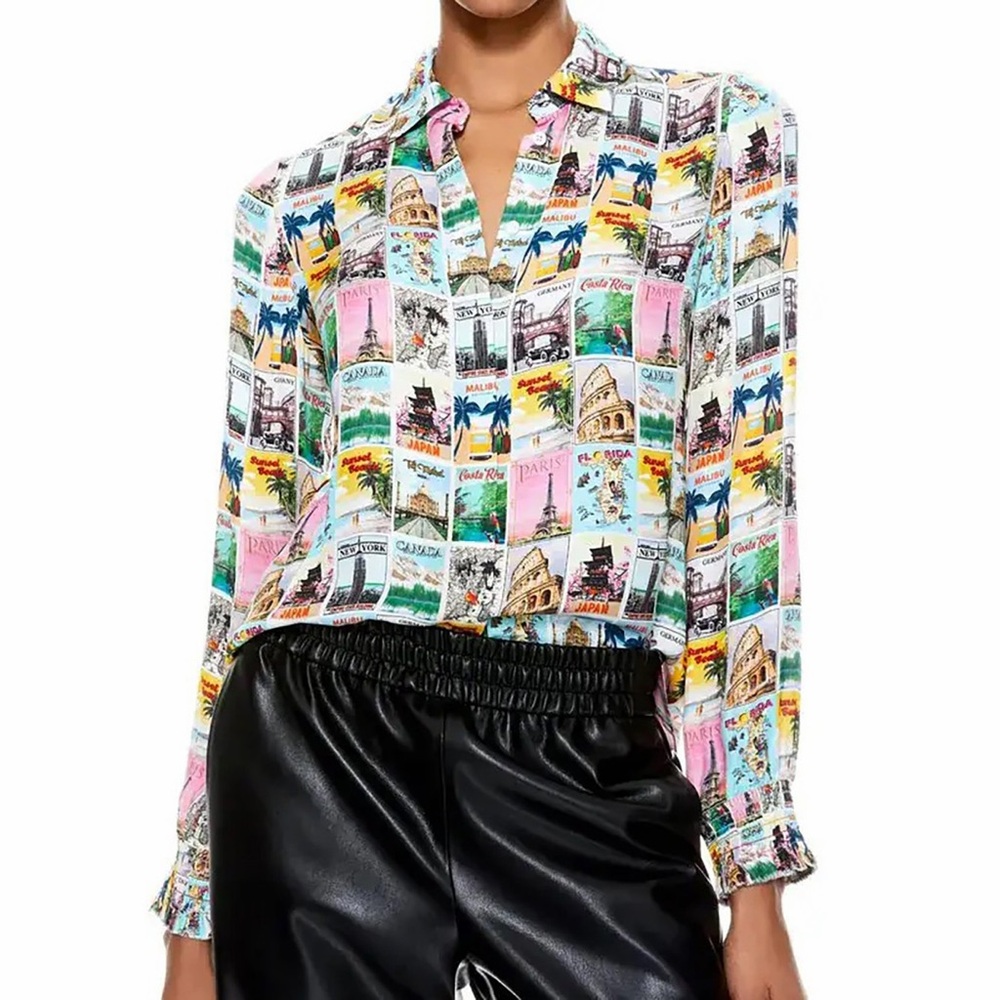 Alice + Olivia Willa Wanderlust Blouse Top Postcard Travel Print City XS